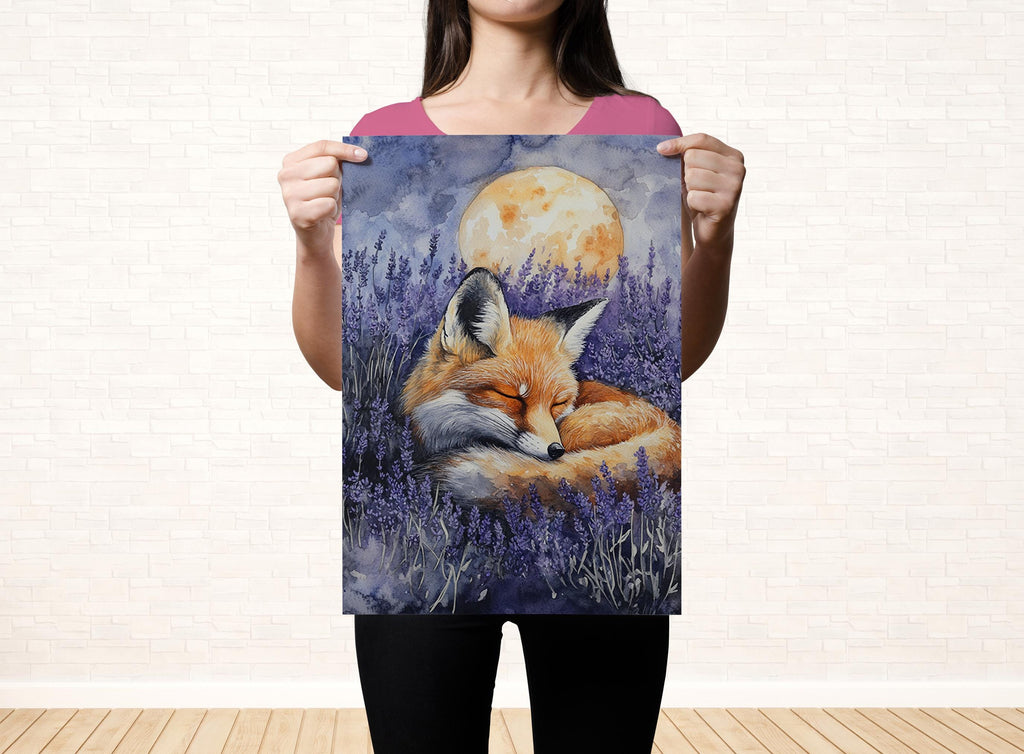 A woman holds up a framed painting of a sleeping fox in a field of purple flowers, with a full moon in the background.
