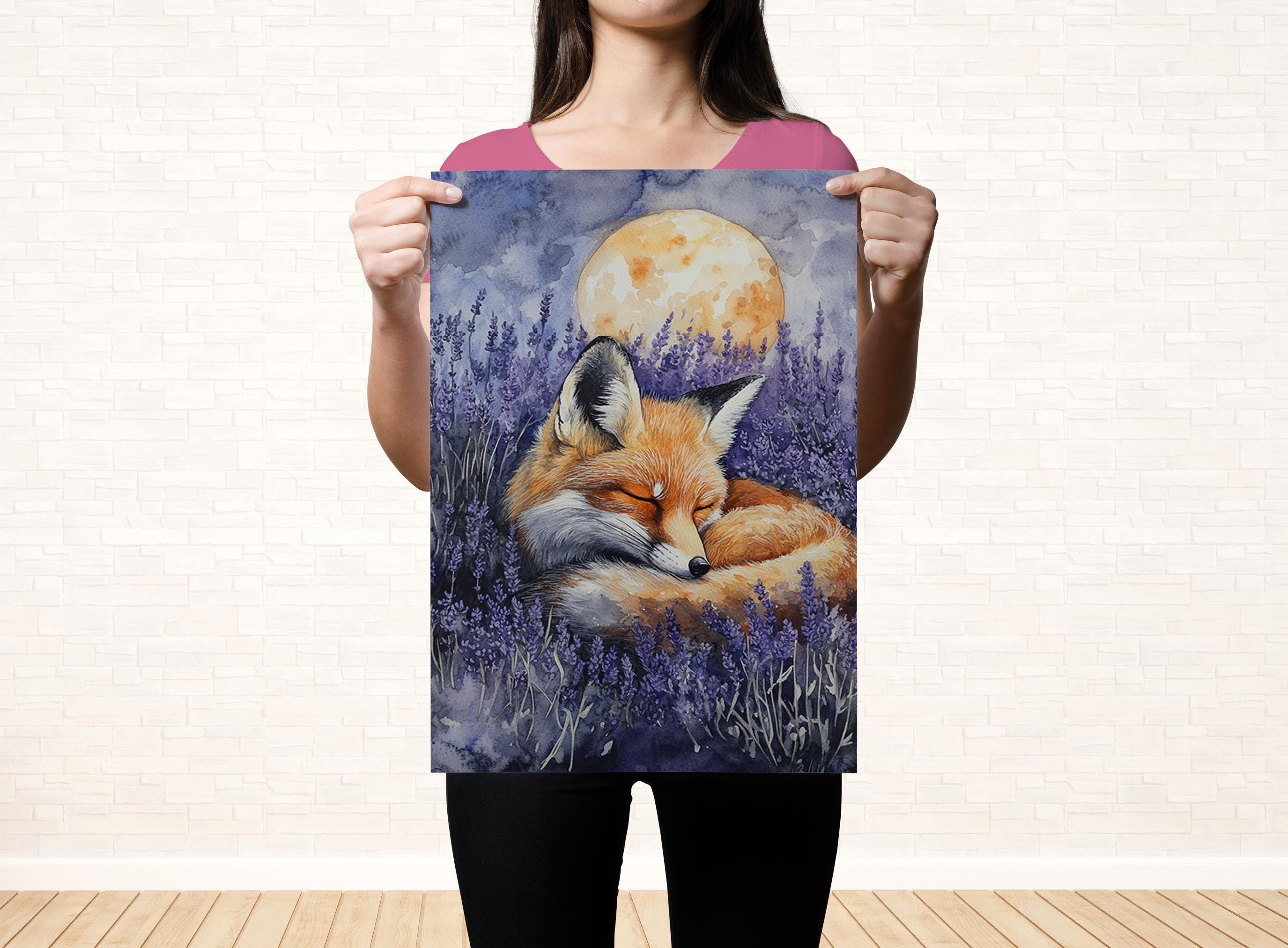 A woman holds up a framed painting of a sleeping fox in a field of purple flowers, with a full moon in the background.