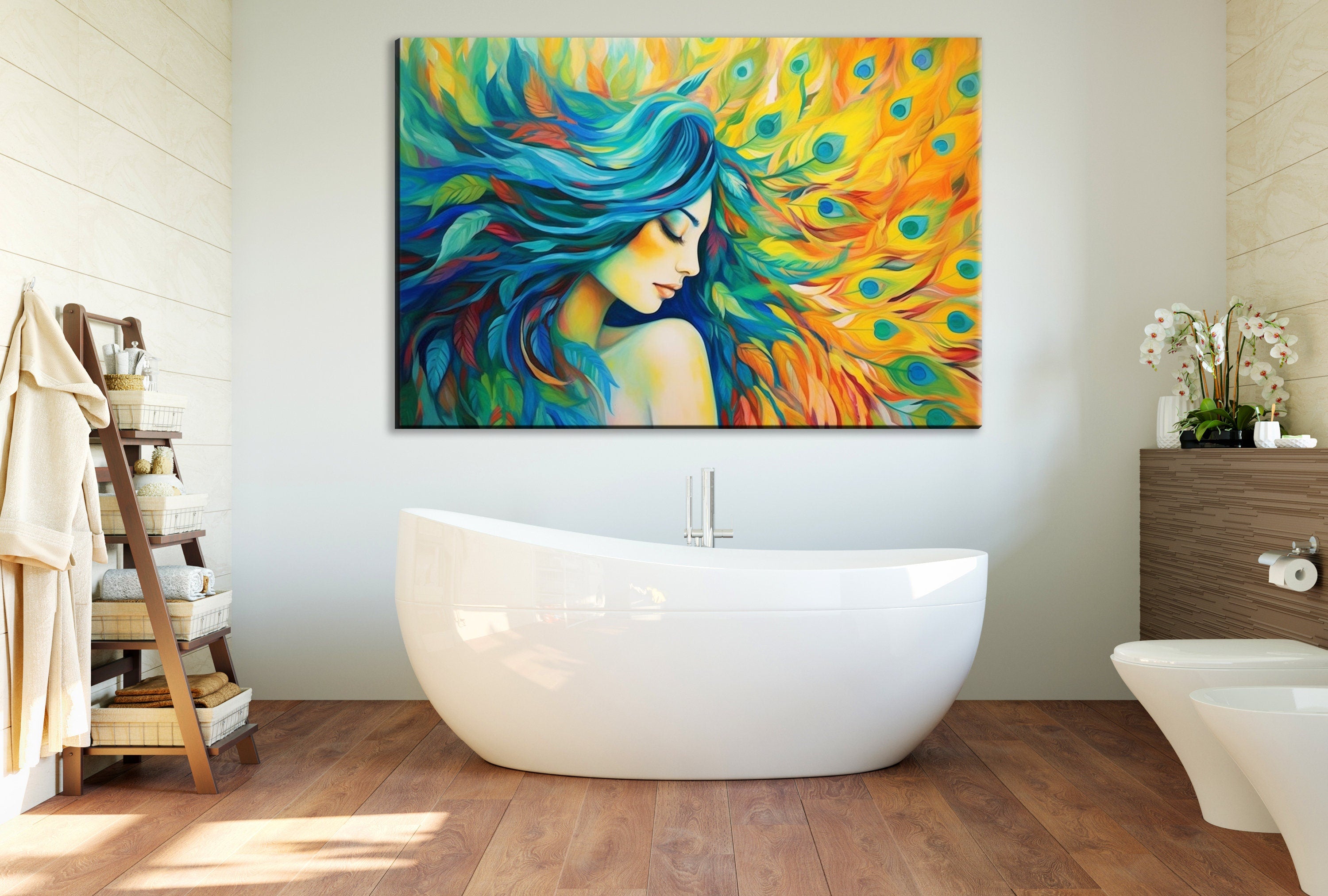 Peacock Feather Canvas - Elegant Woman Portrait Art | Large Gallery Ready Print