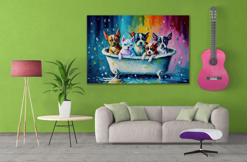 Dogs in Tub Art – Vibrant Puppy Canvas Print with Playful Bathroom Dog Scene