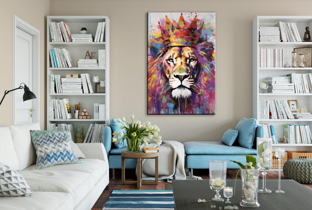 Lion Canvas Art – Large Watercolor Lion with Crown | Majestic Wildlife Wall Decor
