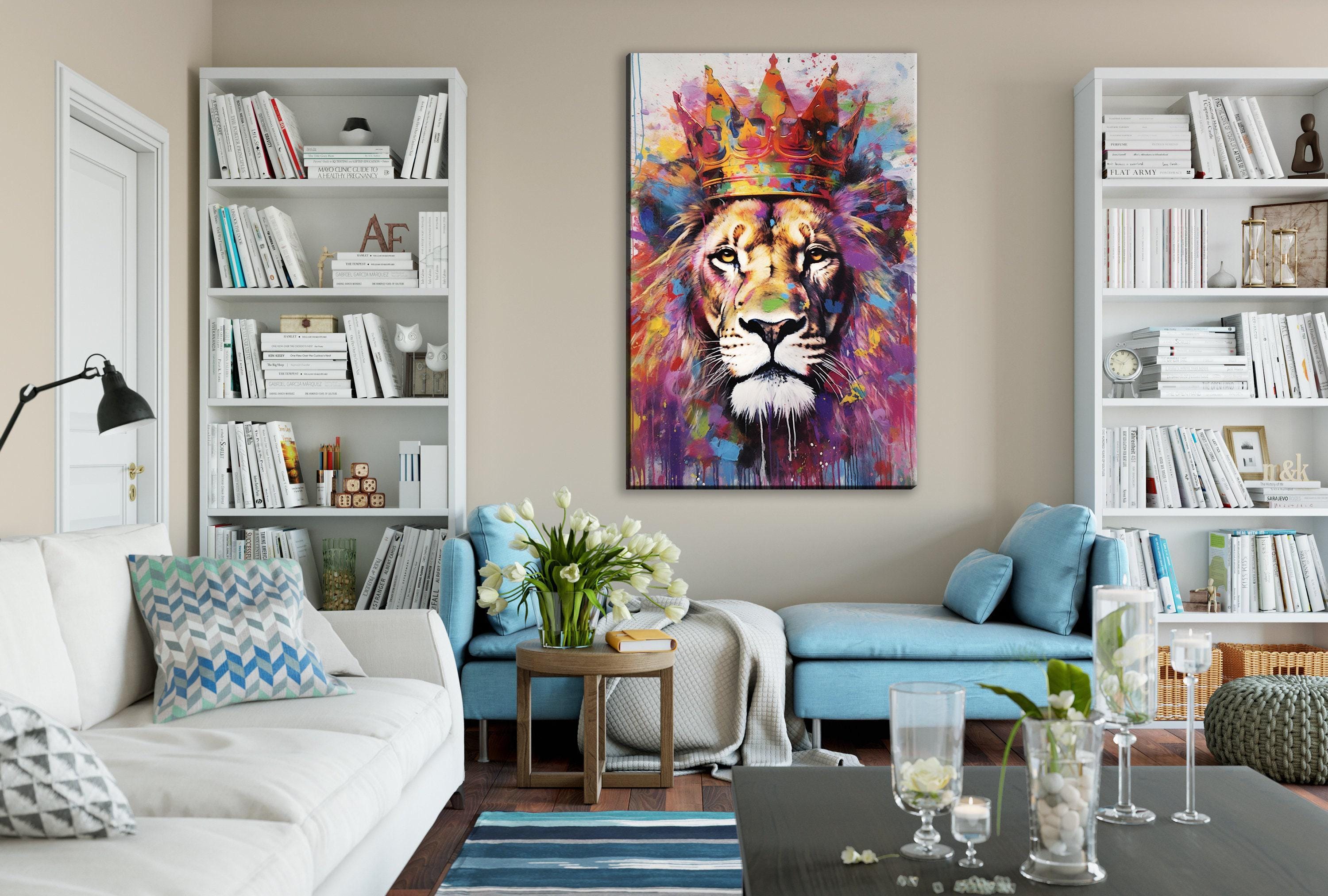 Lion Canvas Art – Large Watercolor Lion with Crown | Majestic Wildlife Wall Decor