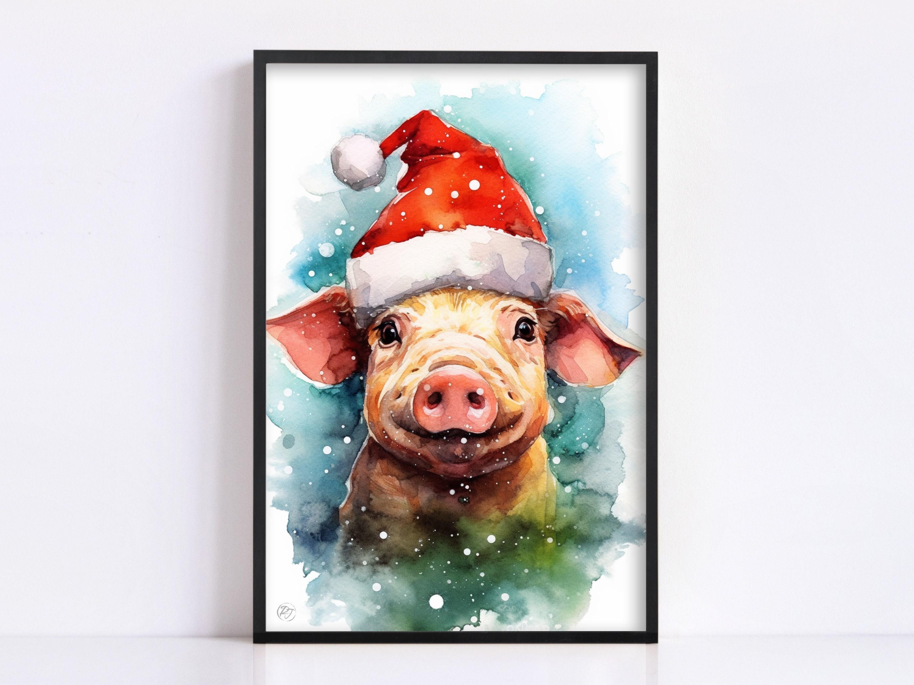 Santa Pig Watercolor - Holiday Farmhouse Decor, Giclee Print on Canvas, Artist Paper, Watercolor Paper, Available in Extra Large Sizes