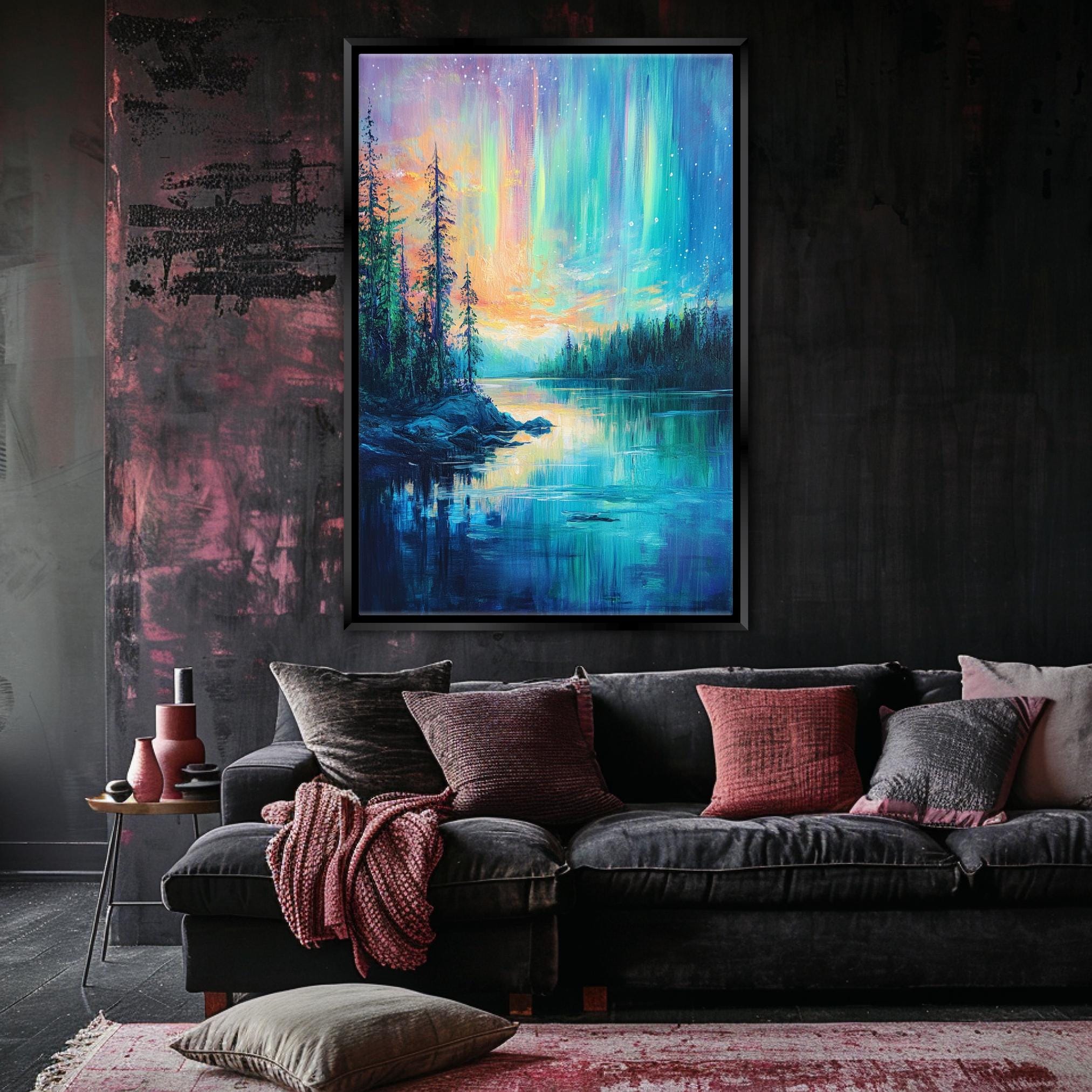 a living room with a couch and a painting on the wall