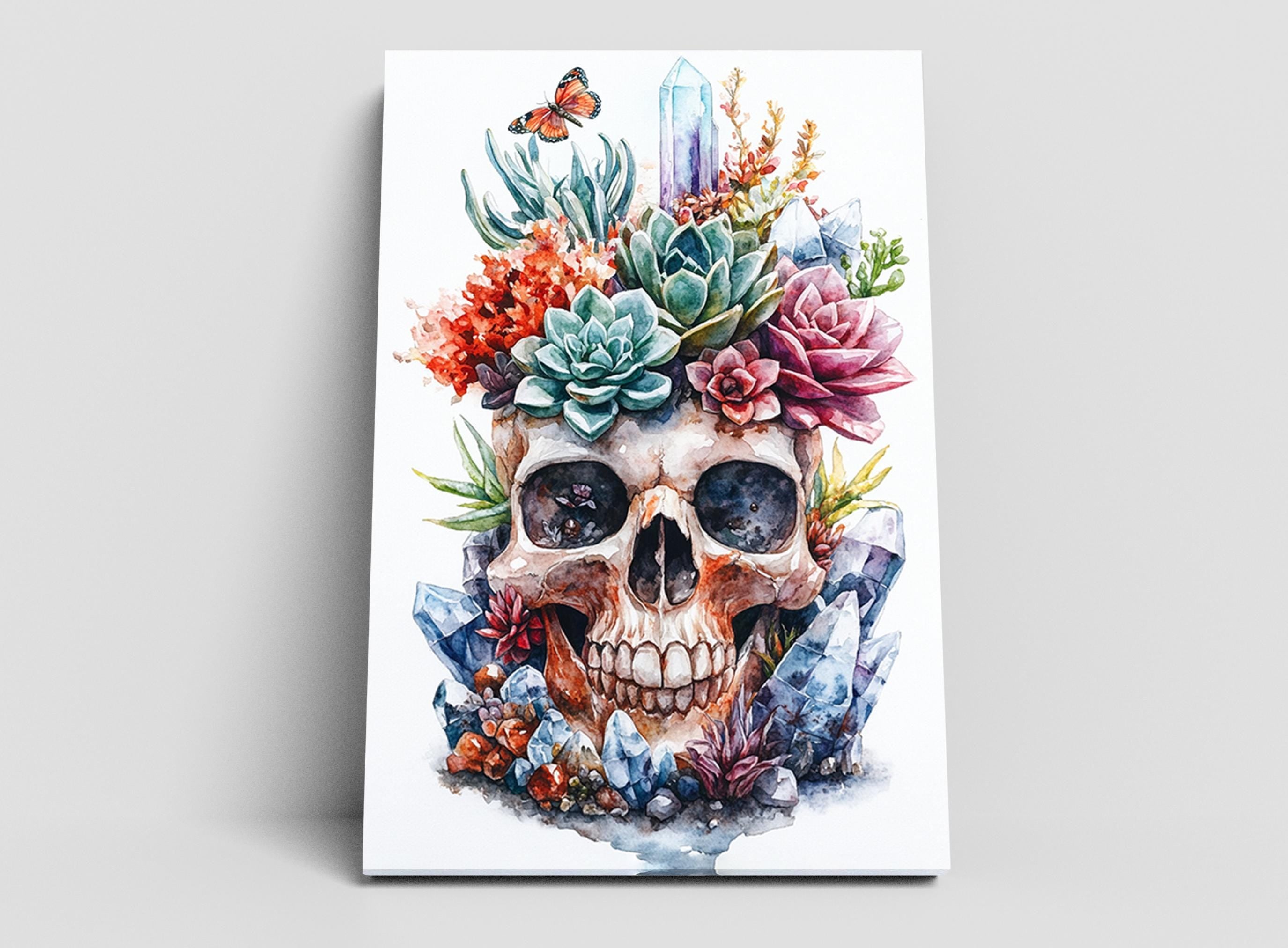 The image is a vibrant and colorful illustration of a skull surrounded by an array of flowers, plants, and crystals, creating a striking and visually captivating composition.