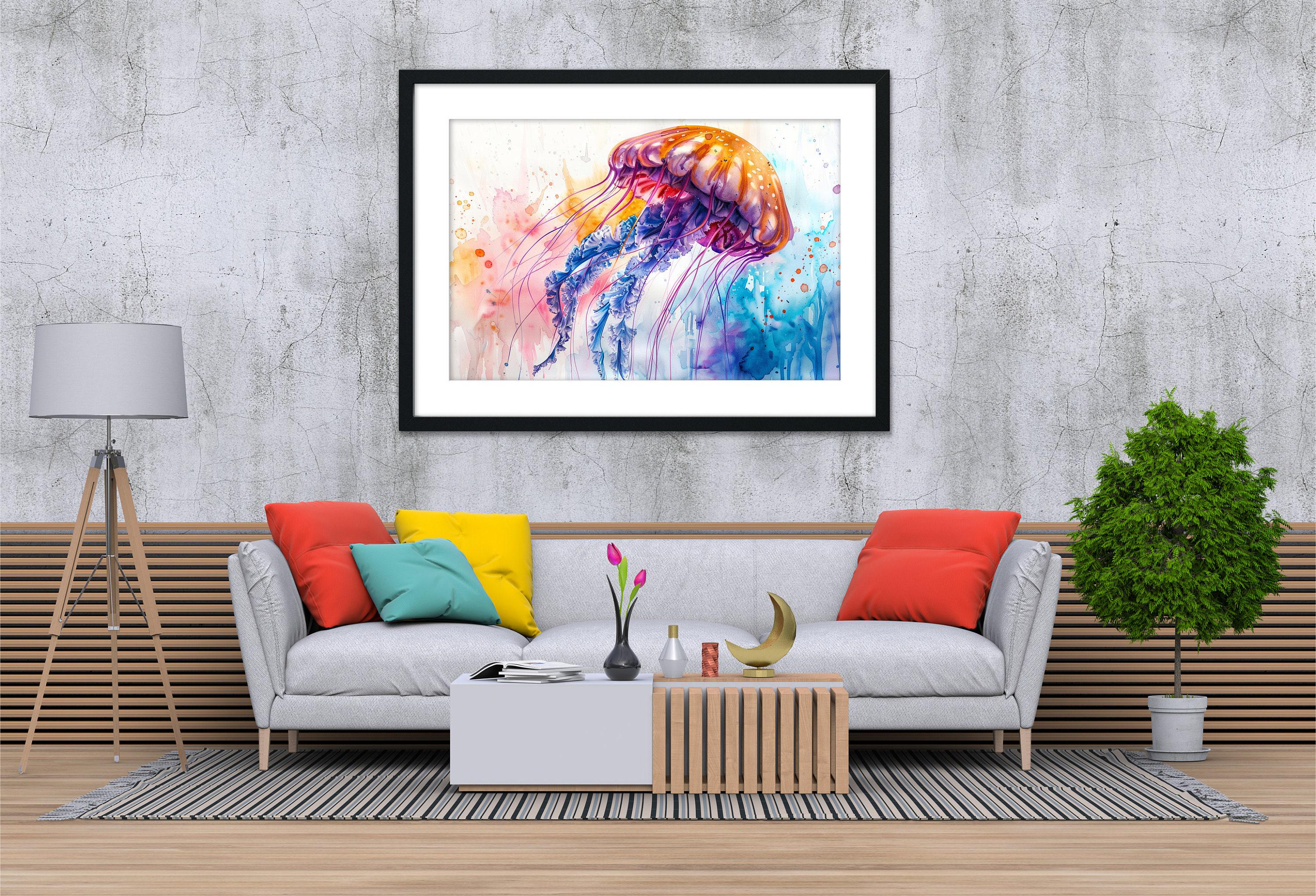 Vibrant Floating Jellyfish Watercolor, Coastal Art, Giclee Print on Canvas, Artist Paper, Watercolor Paper, Available in Extra Large Sizes