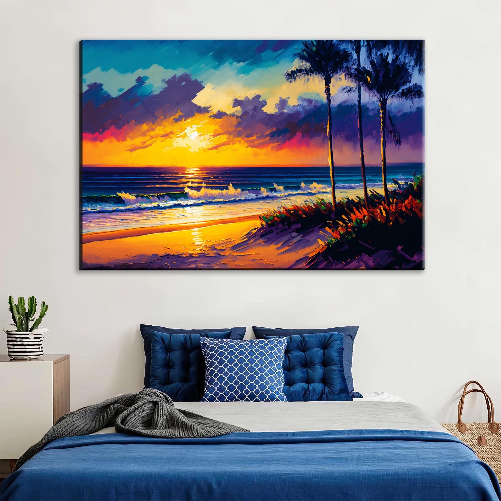 Coastal Beach Canvas - Large Canvas Art With Vibrant Ocean Sunset Painting