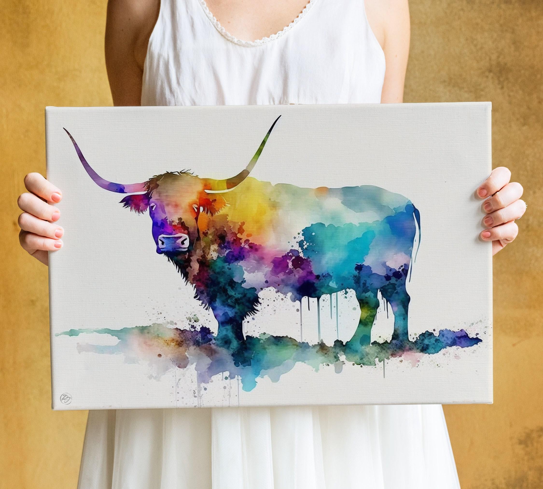 Nature's Charm: Highland Cow Watercolor Wall Art, Giclee Print on Canvas, Artist Paper, Watercolor Paper, Available in Extra Large Sizes