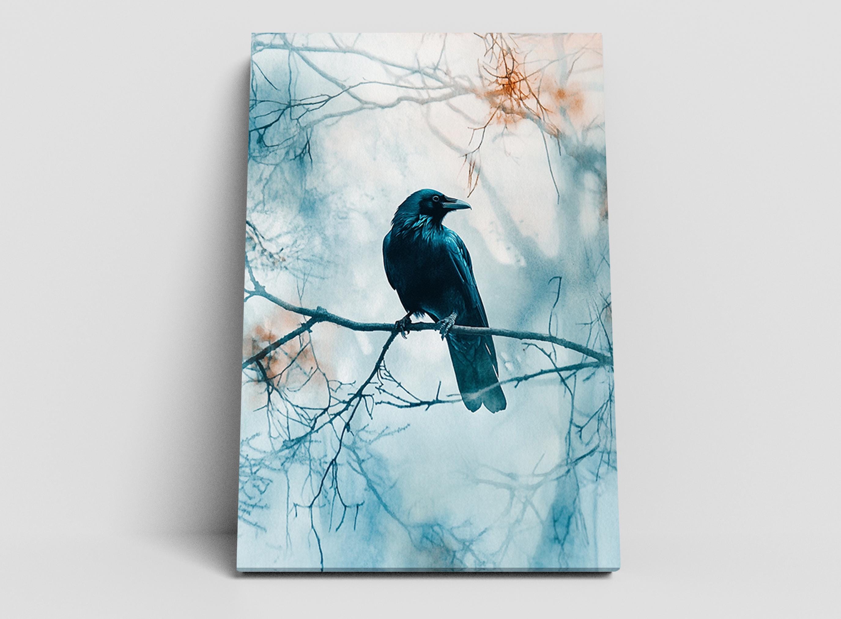 A black bird perches on a branch, its silhouette contrasting against the soft, blurred background.