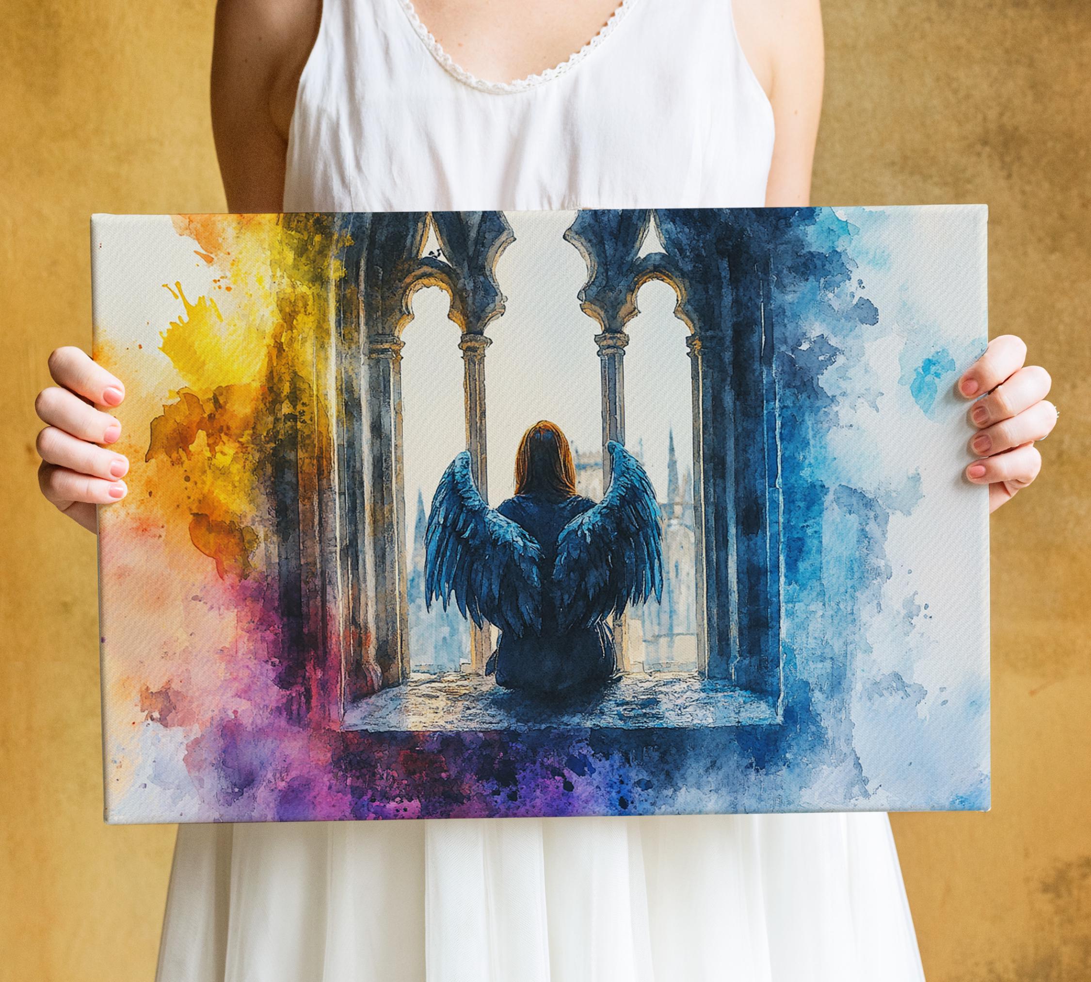 A person is holding a canvas print featuring a painting of a person with wings, sitting in a window with a castle in the background.
