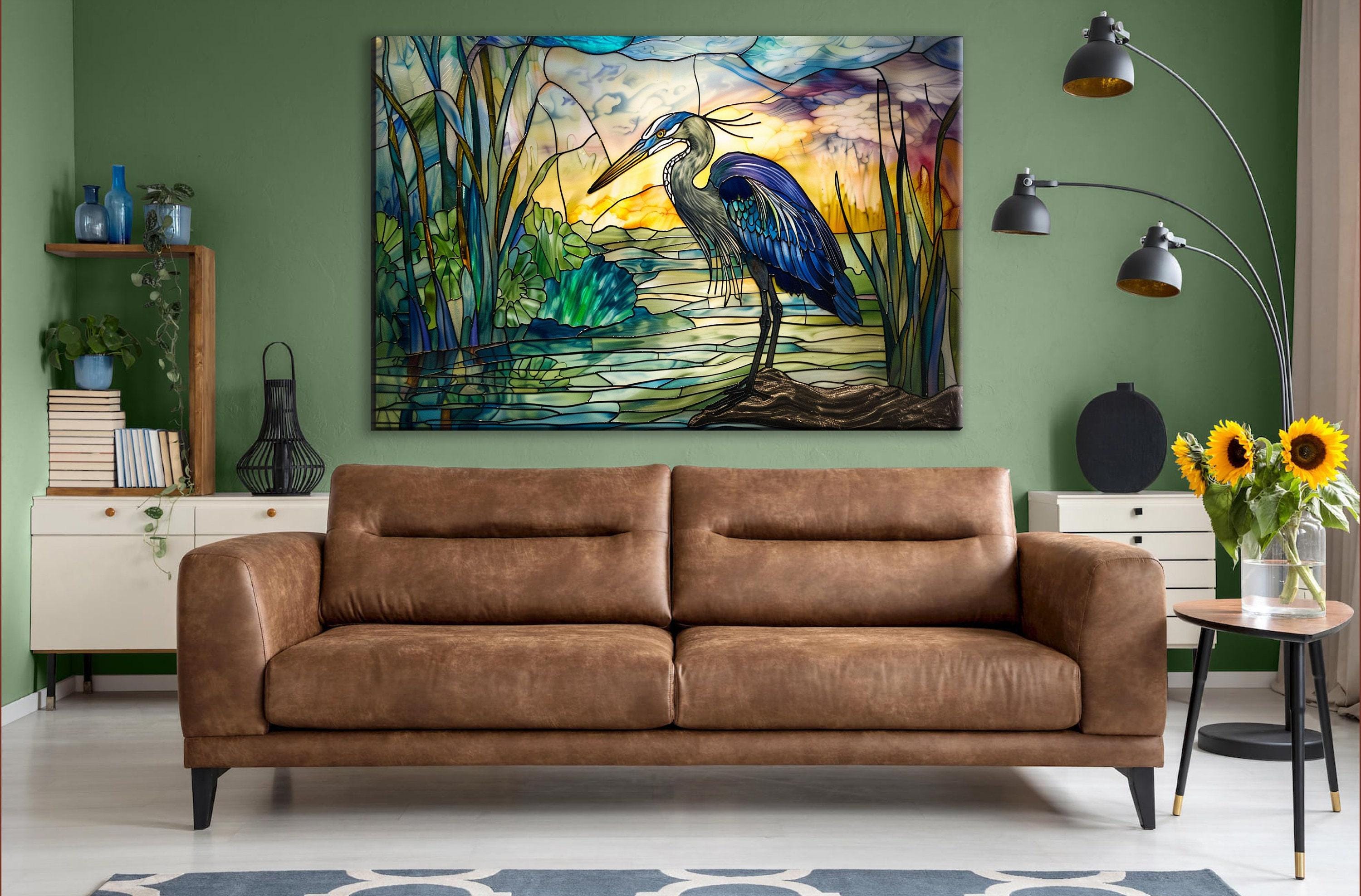 Blue Heron Wall Art - Large Stained Glass Canvas Print | Coastal Home Decor