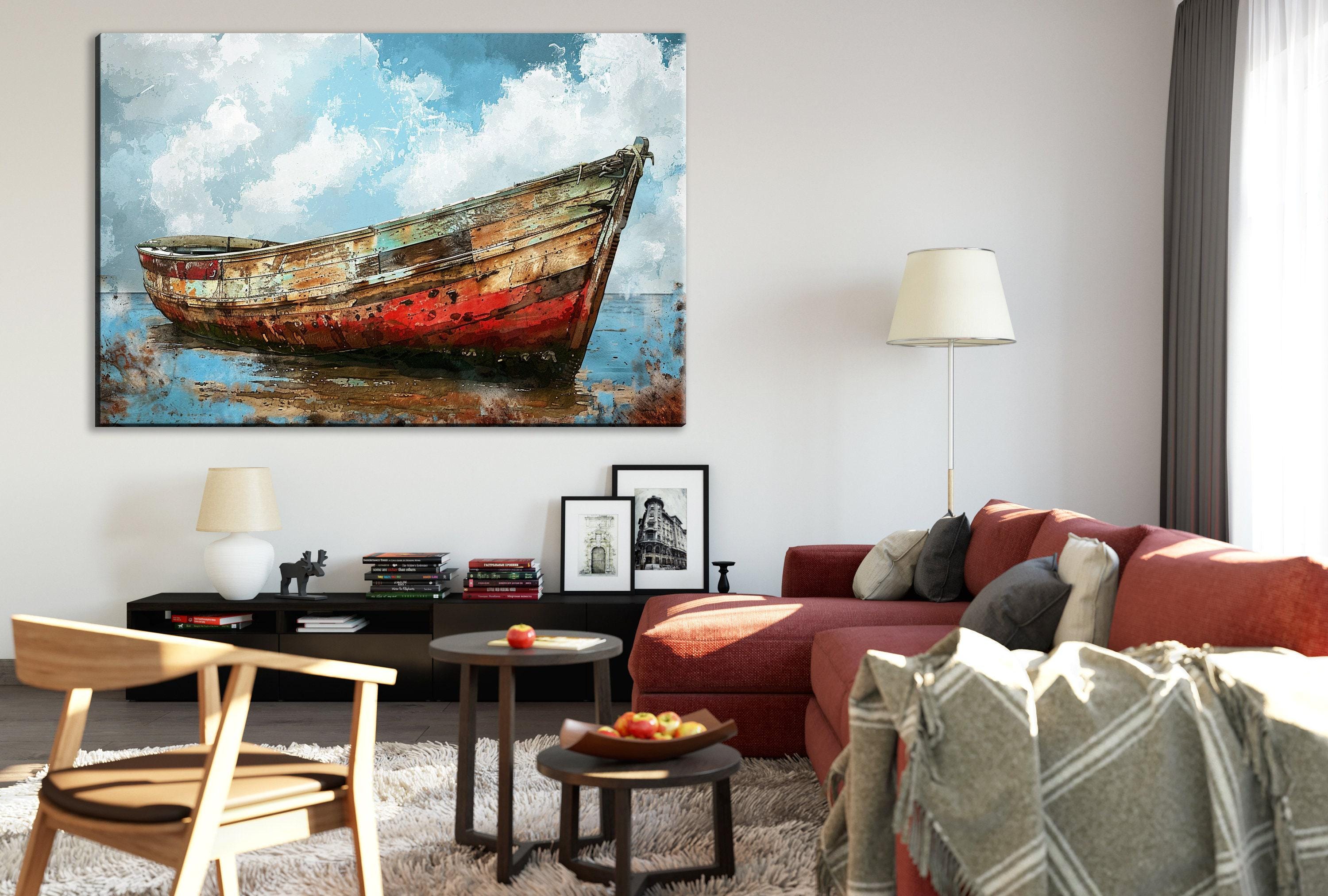Coastal Boat Wall Art – Large Canvas Art | Old Red White Boat On Gallery Wrapped Canvas