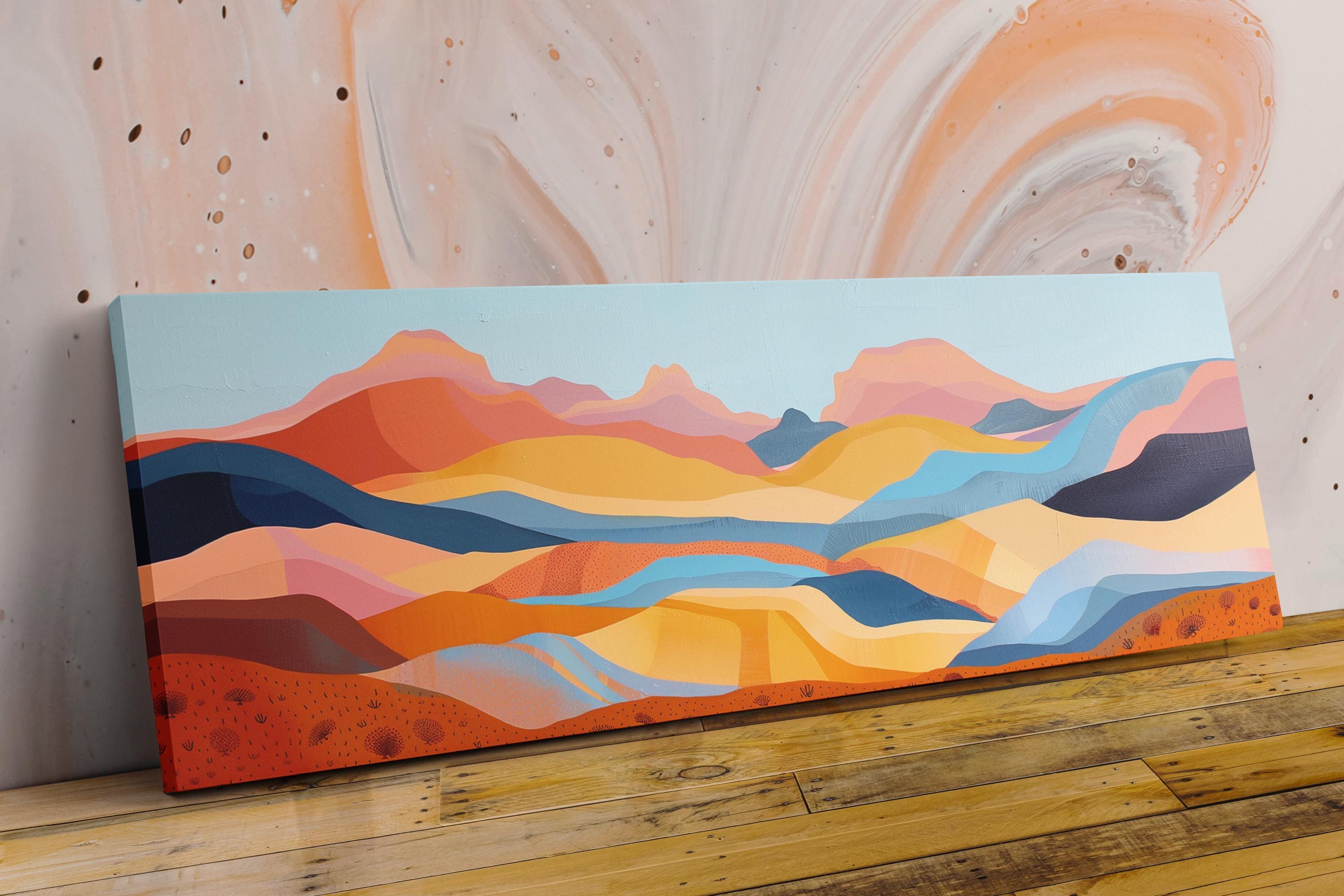 Boho Southwest Wall Art – Panoramic Framed Canvas | Oversized Desert Mountain Painting