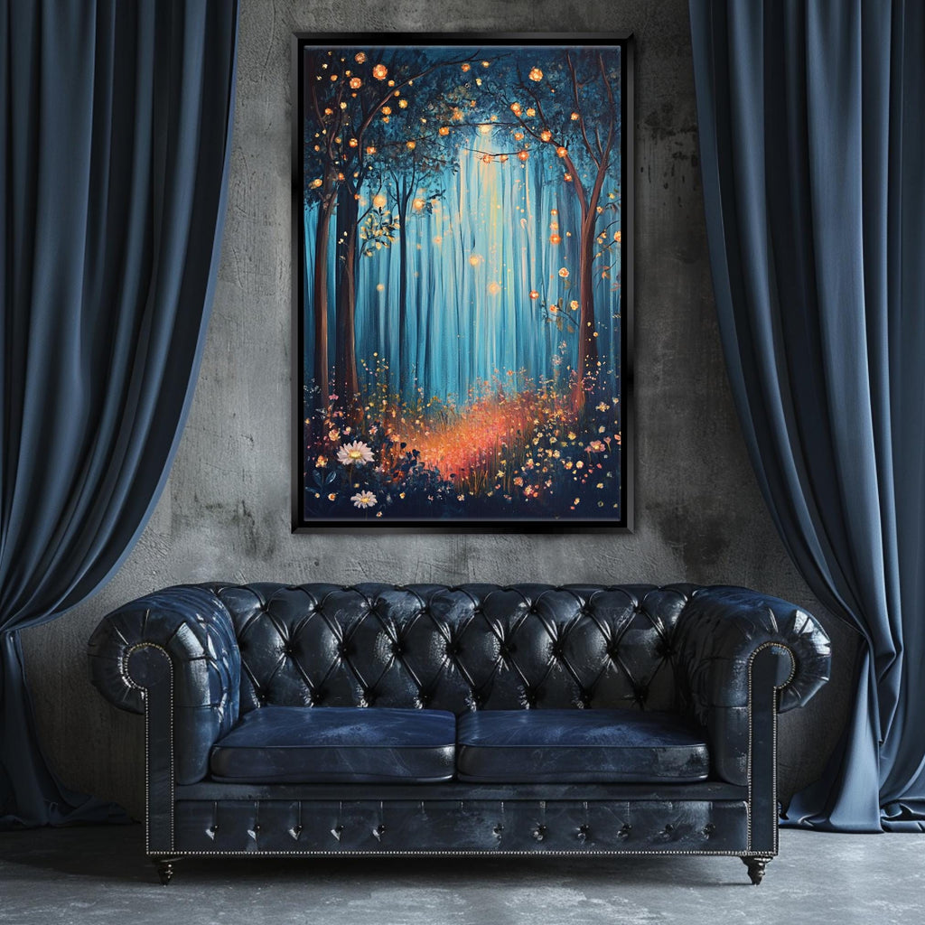 a blue couch in a room with a painting on the wall