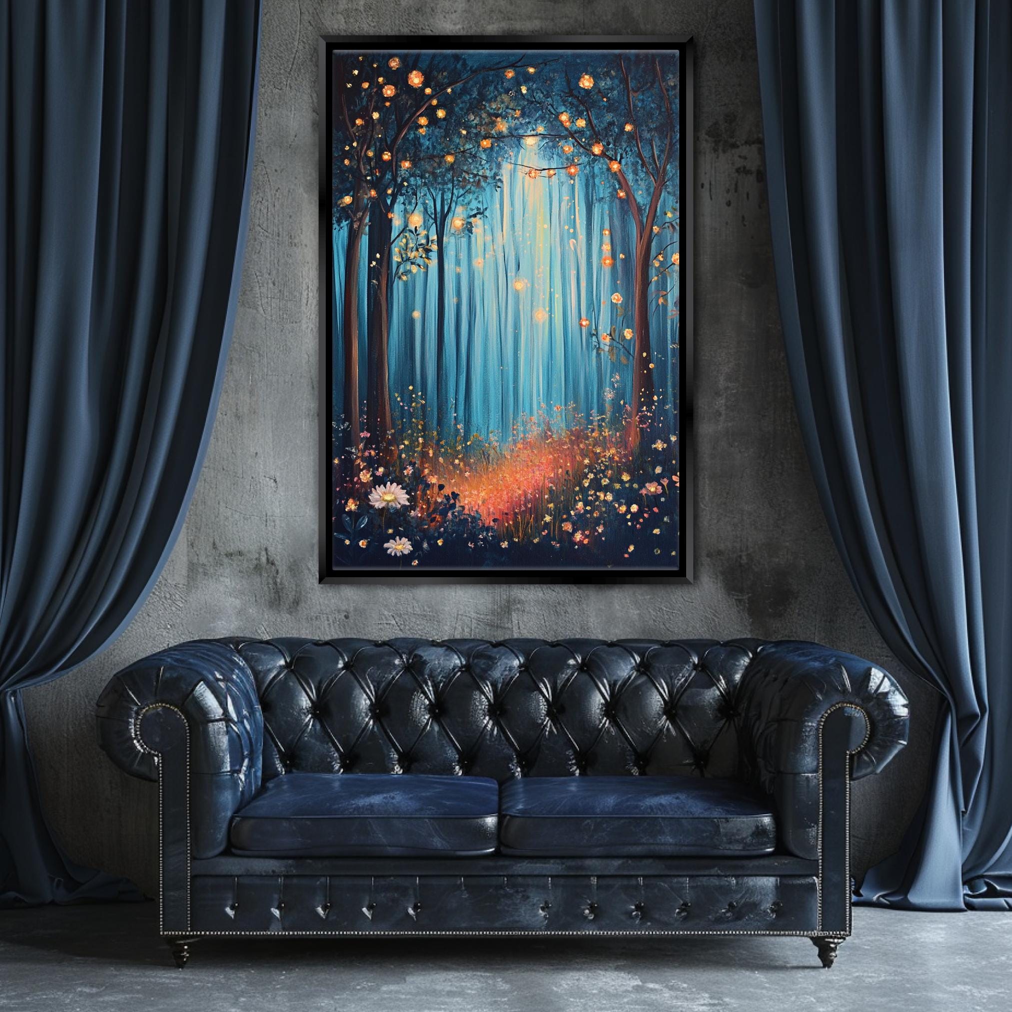 a blue couch in a room with a painting on the wall