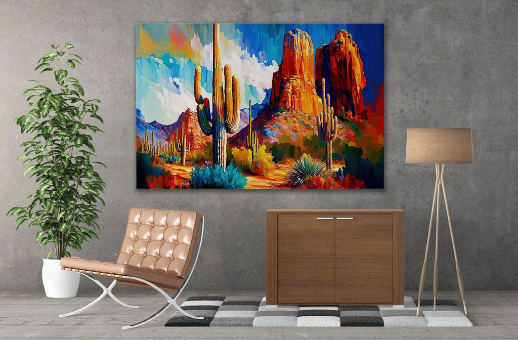 a large, colorful painting of a desert landscape with towering red rock formations, a cactus, and a blue sky with clouds. The painting is hung on a gray wall above a brown leather chair and a wooden cabinet.