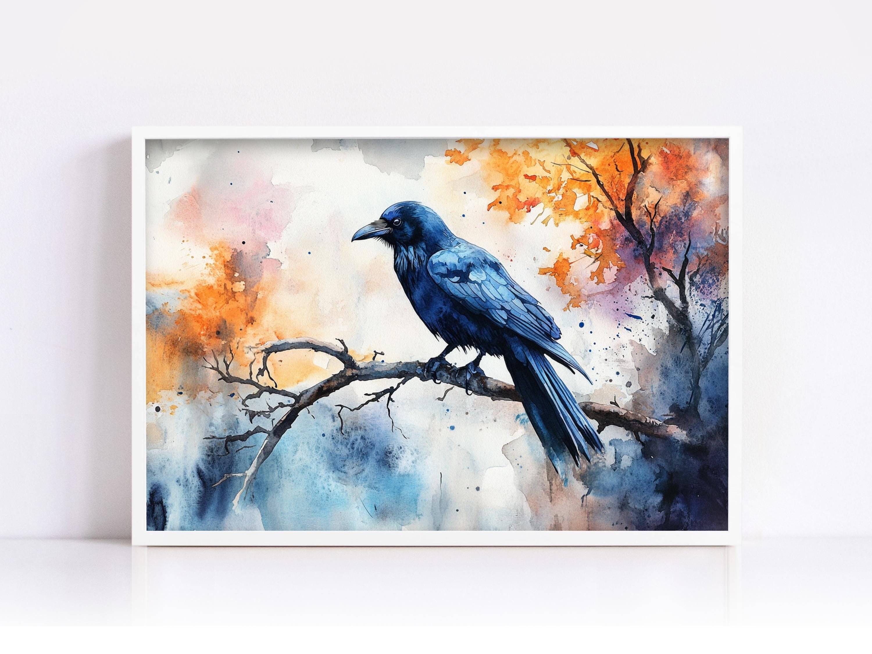 A blue bird perches on a branch, surrounded by a colorful autumnal landscape with orange and yellow foliage.