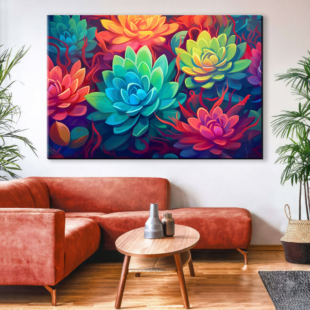 Succulent Garden Canvas – Vibrant Botanical Wall Art with Wooden Frame, Large Prints
