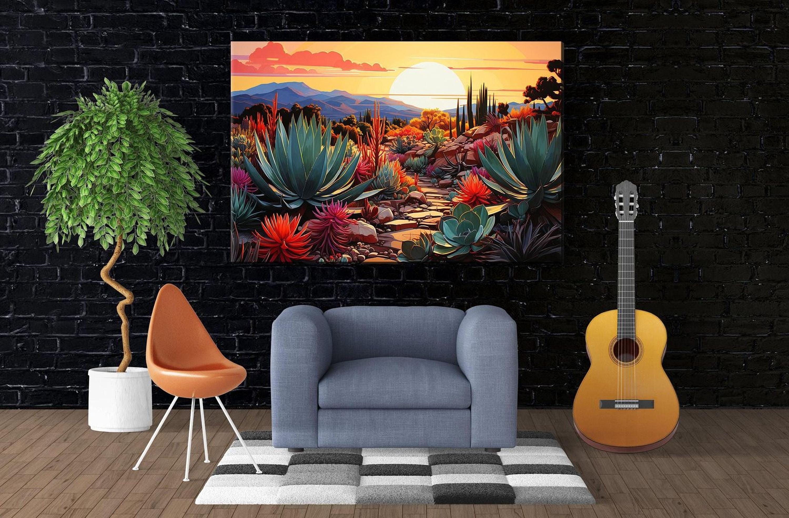 a modern living room with a large, colorful painting of a desert landscape hanging on the wall. The painting depicts a desert scene with a cactus and a sunset in the background. The room is furnished with a gray armchair, a potted plant, and a guitar, creating a cozy and artistic atmosphere.