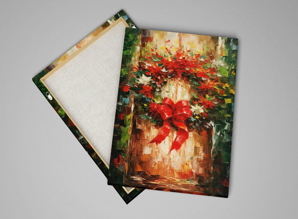 Christmas Wreath Art – Rustic Traditional Holiday Wall Decor on Gallery Wrapped Canvas