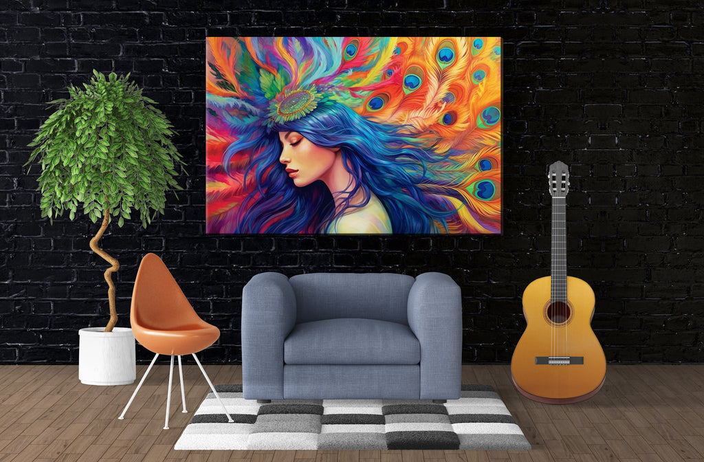 Peacock Feather Wall Art – Elegant Woman Portrait Canvas with Ornate Feather Headpiece
