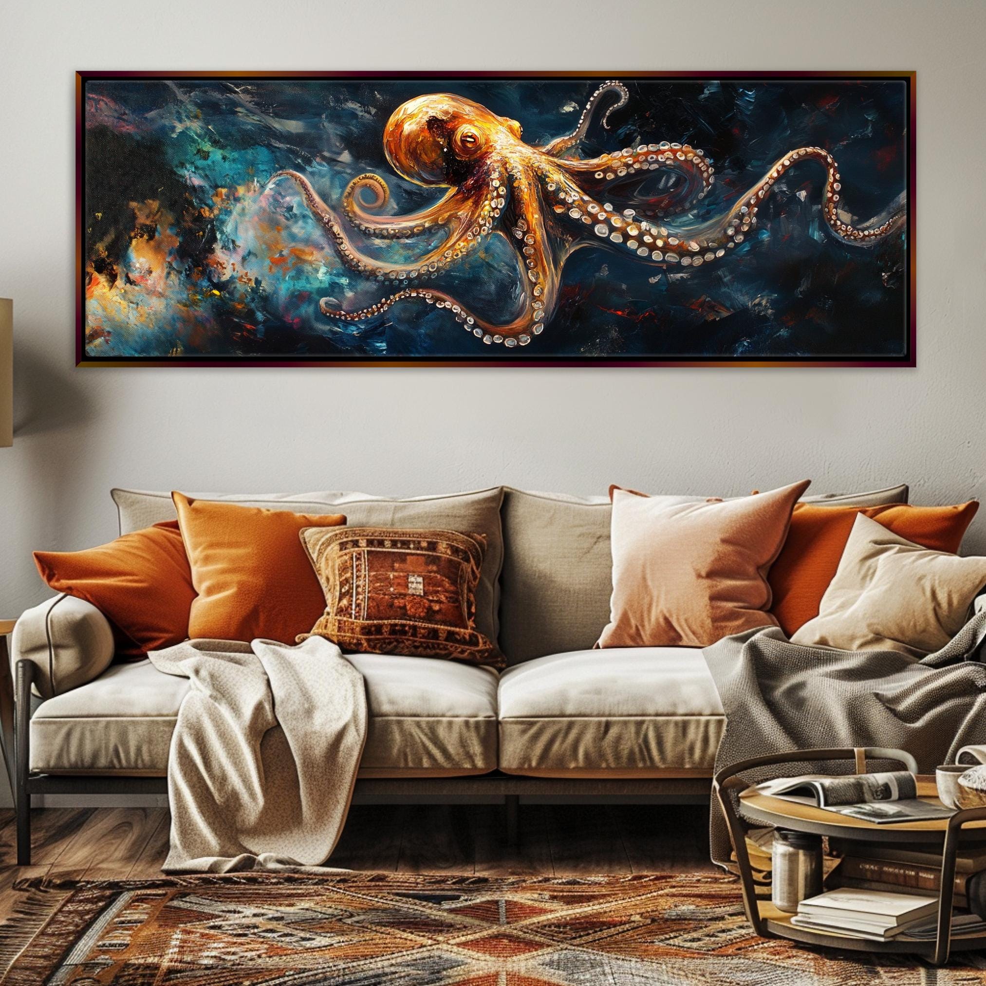 a living room with a couch and a painting on the wall