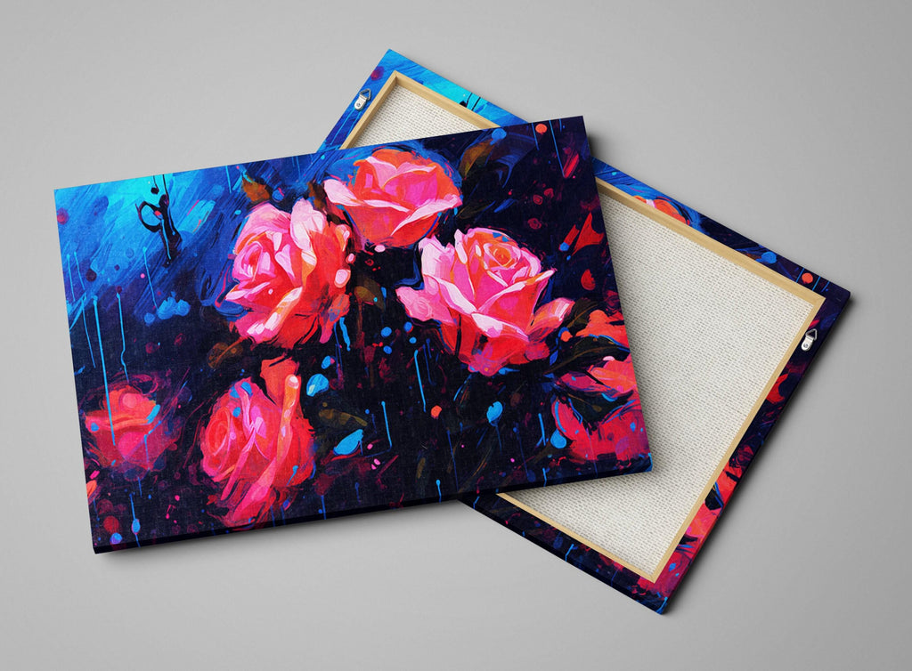Abstract Roses Canvas | Extra Large Floral Wall Decor - Vibrant Paint Drip Artwork