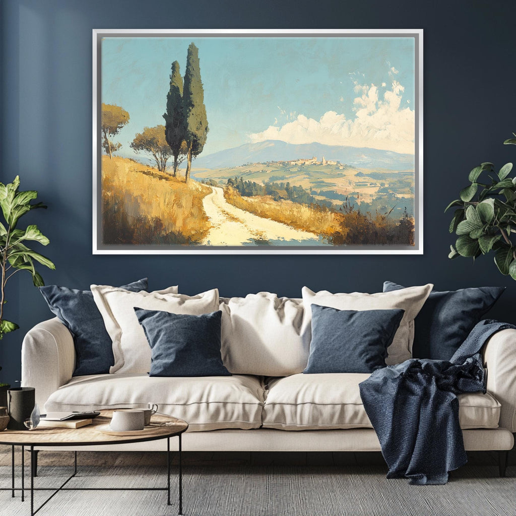 a living room with a couch and a painting on the wall