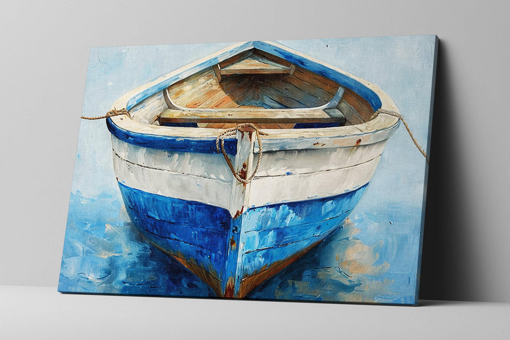 A painting of a blue and white boat with a wooden hull, resting on a body of water.