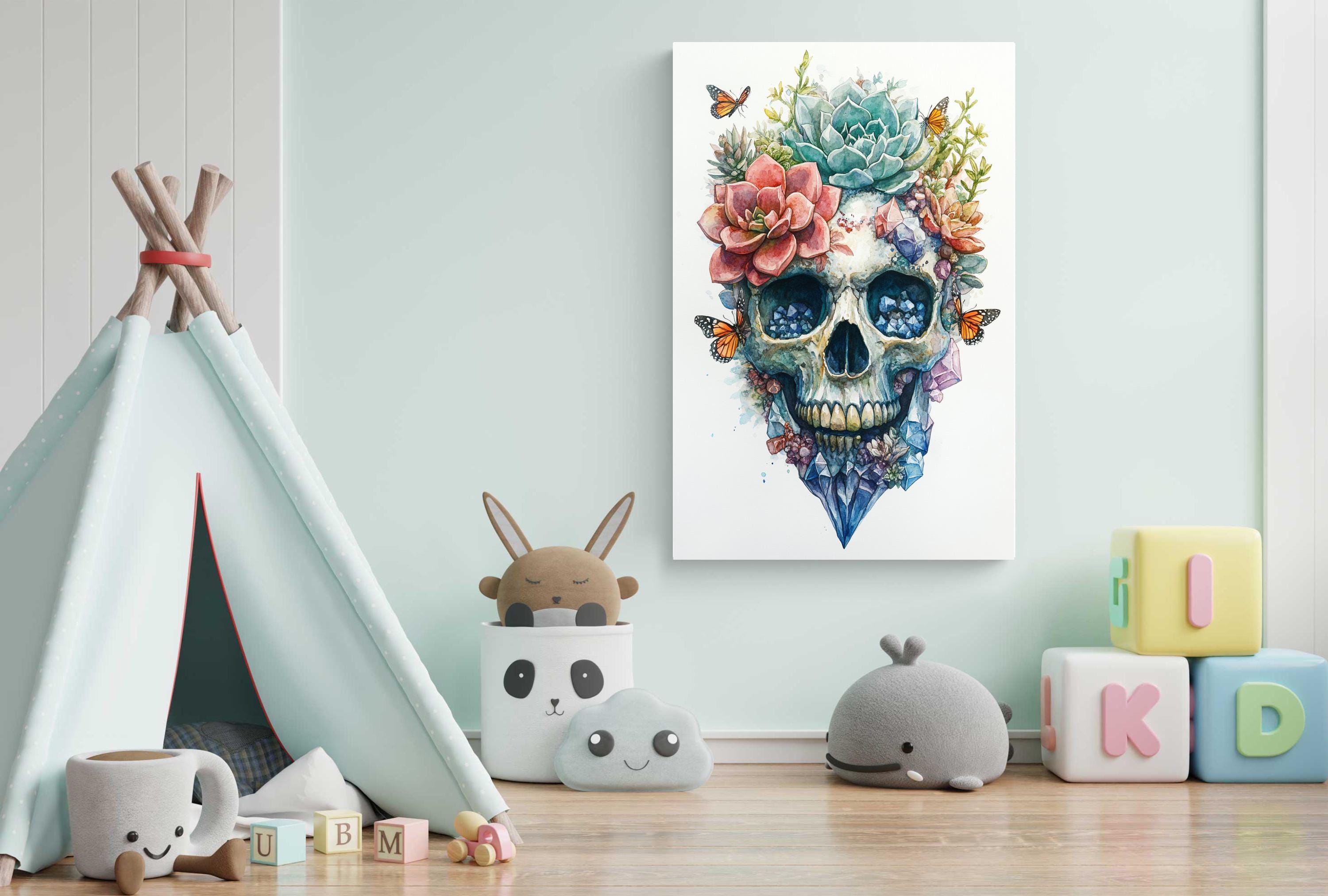 A colorful and whimsical children's room with a tiki tent, stuffed animals, and a skull-themed artwork on the wall.