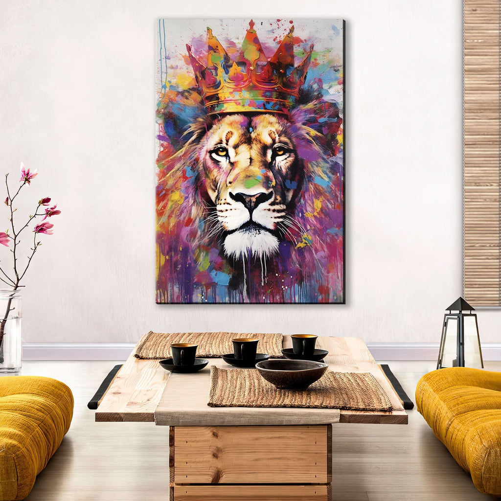 Lion Canvas Art – Large Watercolor Lion with Crown | Majestic Wildlife Wall Decor