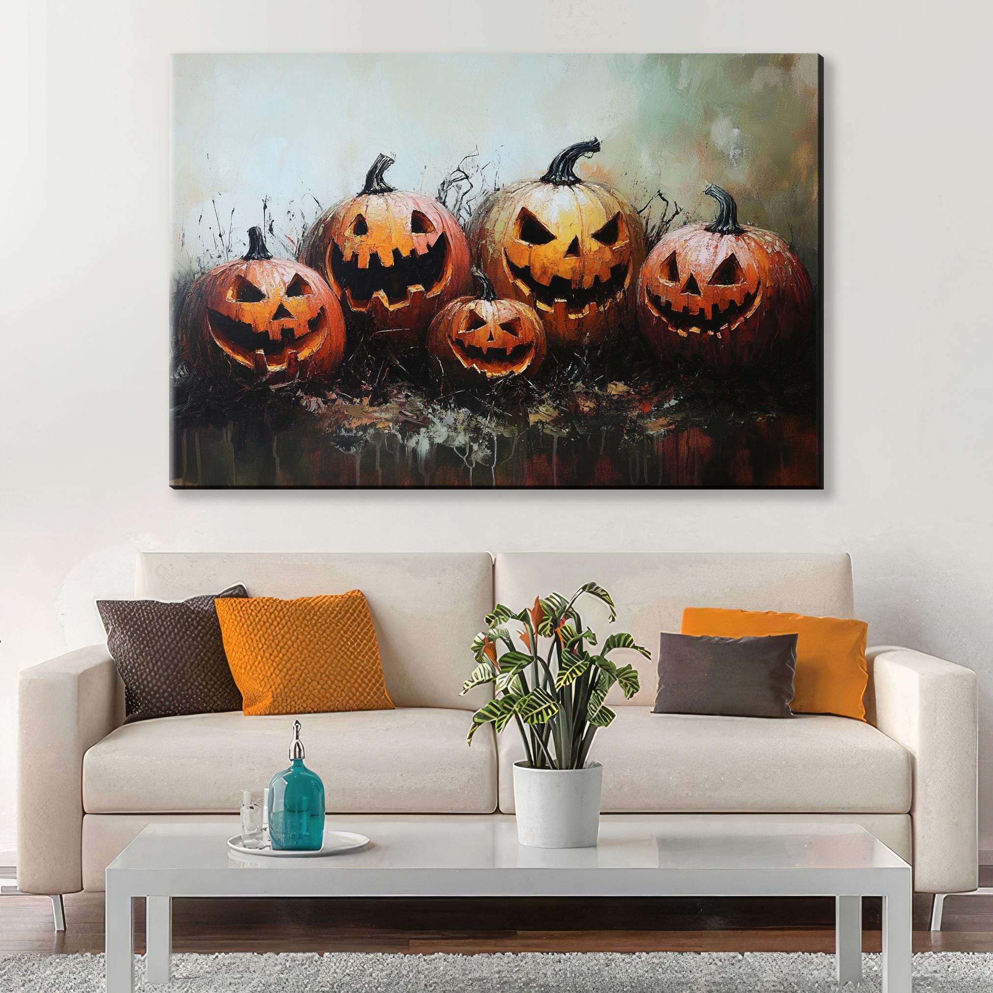 Halloween Wall Art – Extra Large Framed Canvas with Glowing Jack O Lanterns