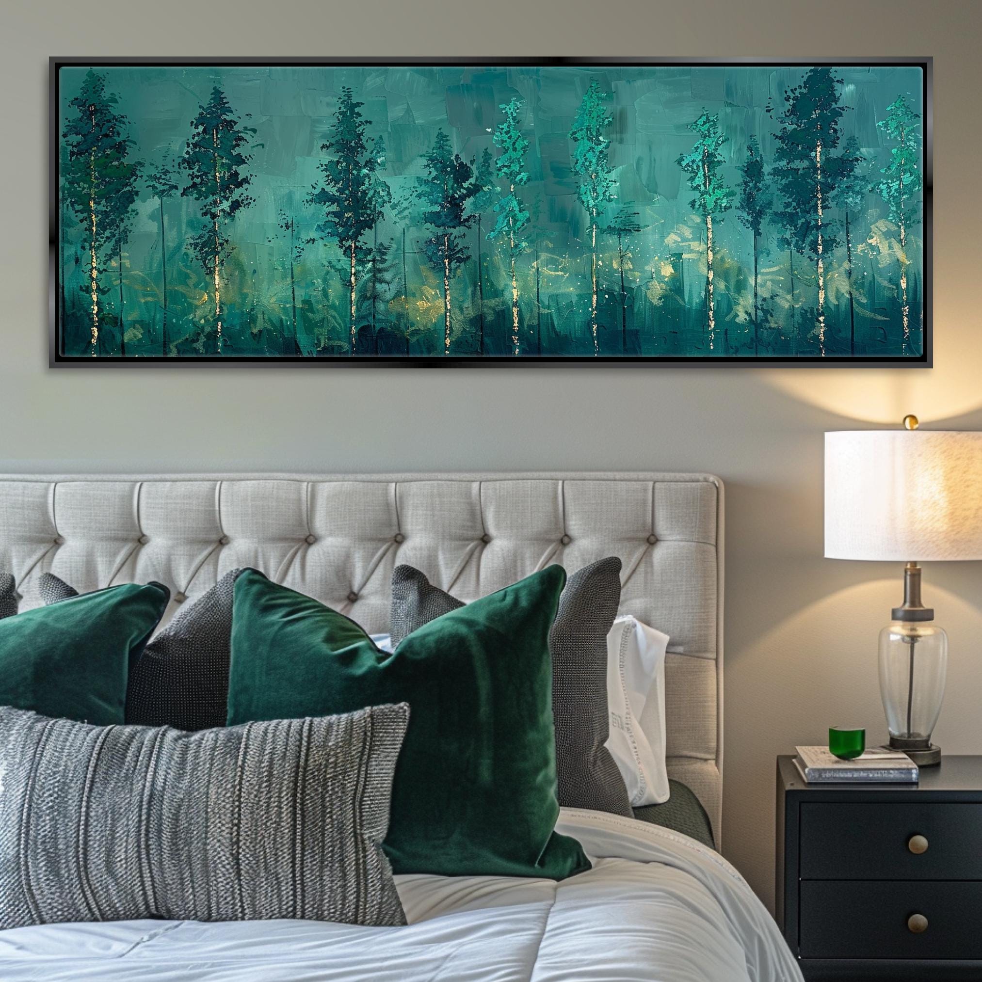 a bedroom with a large painting on the wall above the bed