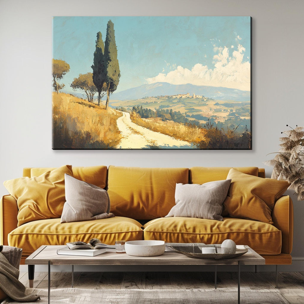a living room with a couch and a painting on the wall