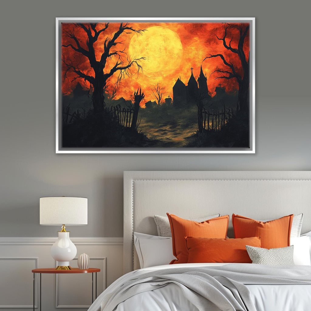 Halloween House Canvas - Extra Large Framed Gothic Wall Art | Orange Black Decor