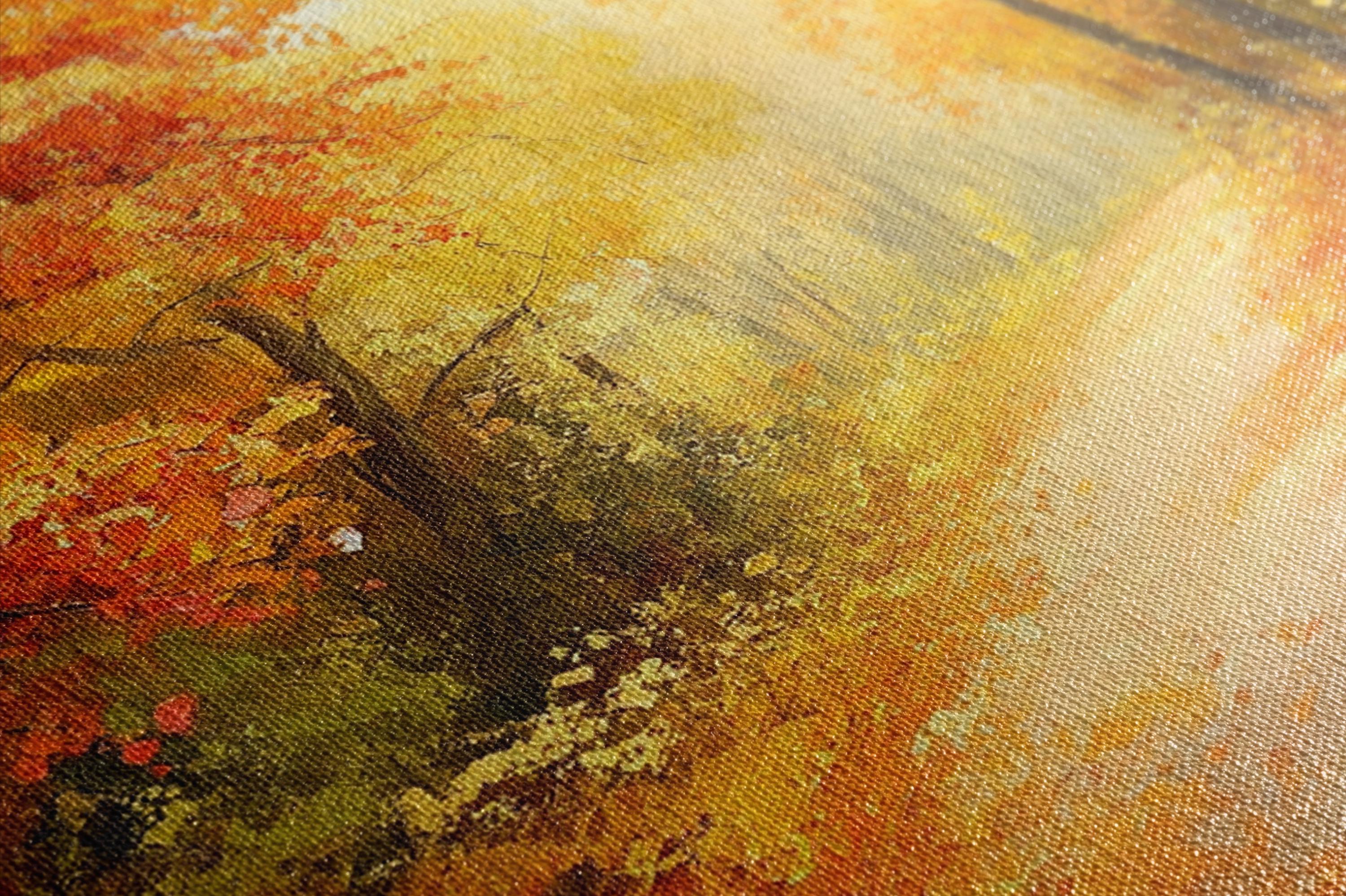 The image is a close-up of a painting with a vibrant, abstract composition of warm colors, including shades of orange, yellow, and green. The painting appears to be a textured, brushstroke-style artwork, with a sense of depth and dimension.