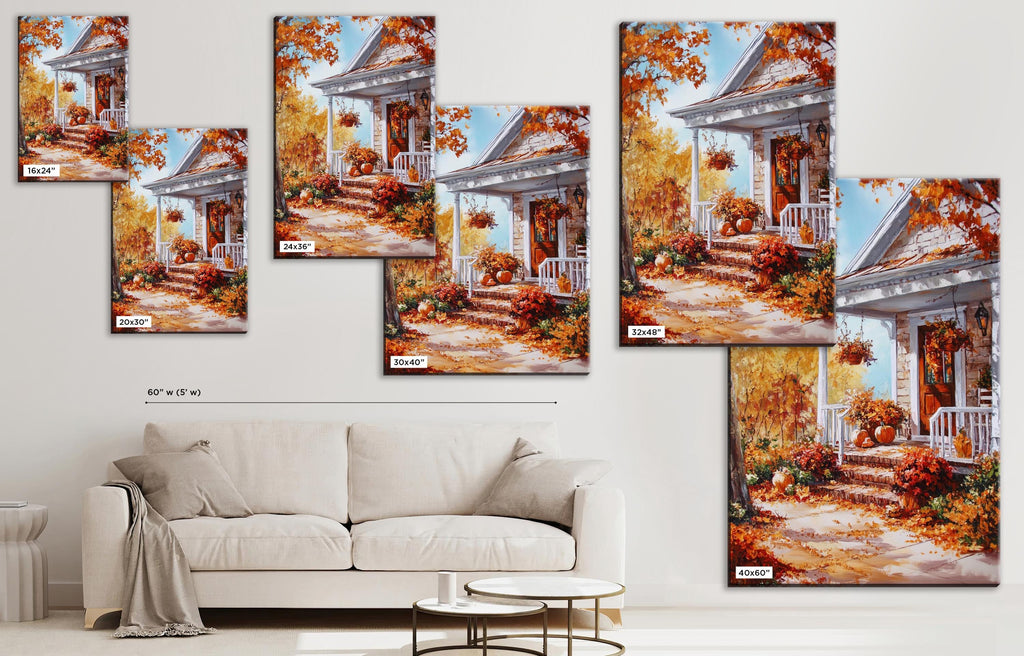 The image is a collage of multiple images depicting a white house with a porch, surrounded by fall foliage. The collage includes various sizes of the same image, creating a visually cohesive and harmonious composition.