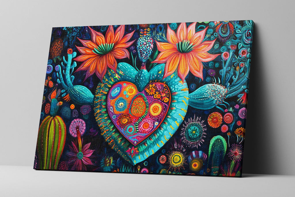 a painting of a heart surrounded by flowers and cacti