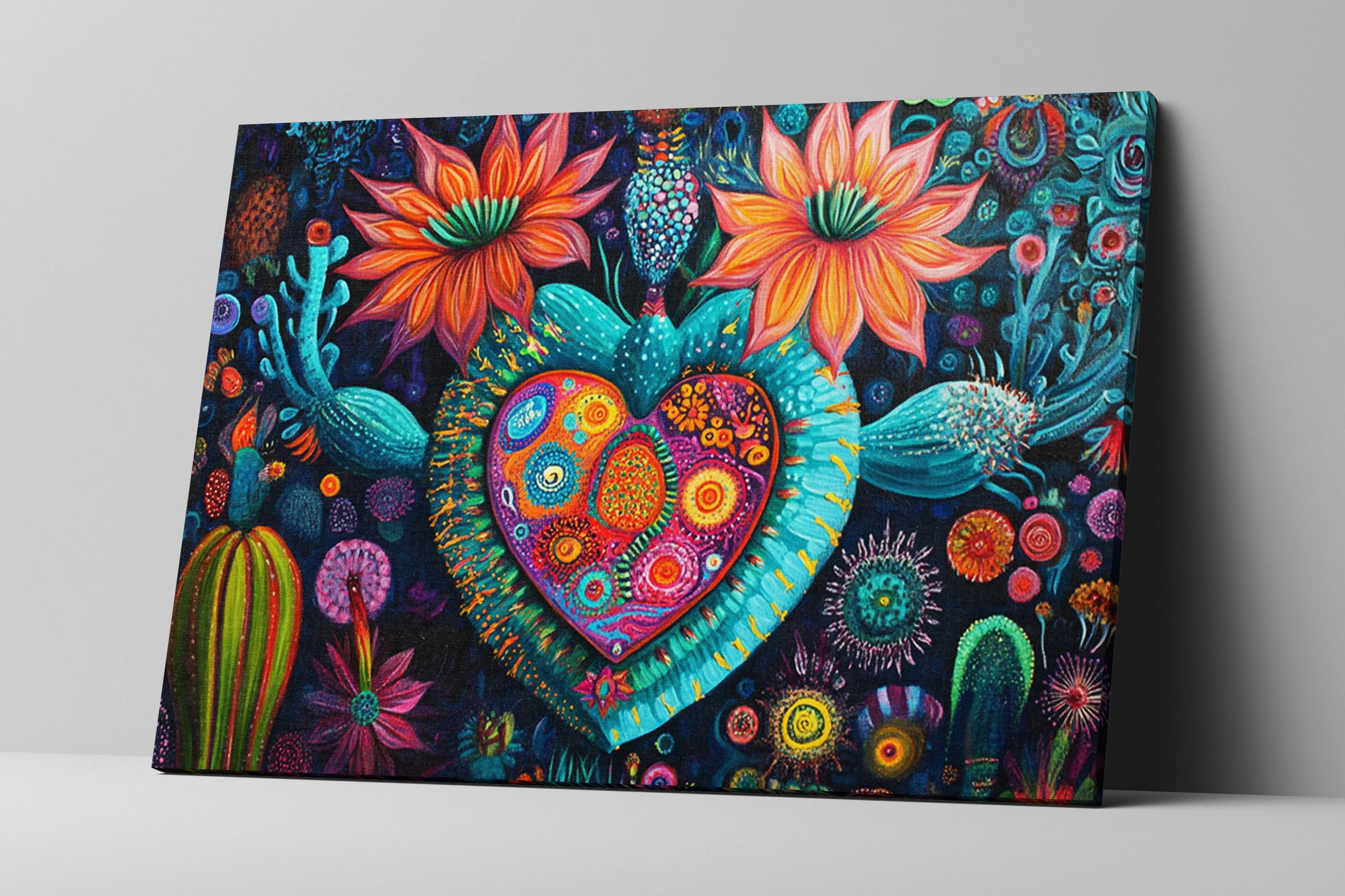 a painting of a heart surrounded by flowers and cacti