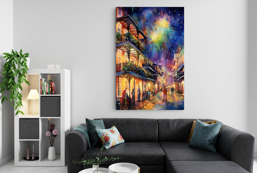 Vibrant Mardi Gras Night Celebration Watercolor –  Giclee Print on Canvas, Artist Paper, Watercolor Paper, Available in Extra Large Sizes