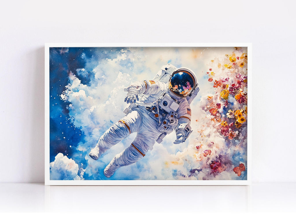 An astronaut floating in space, surrounded by a colorful floral display.