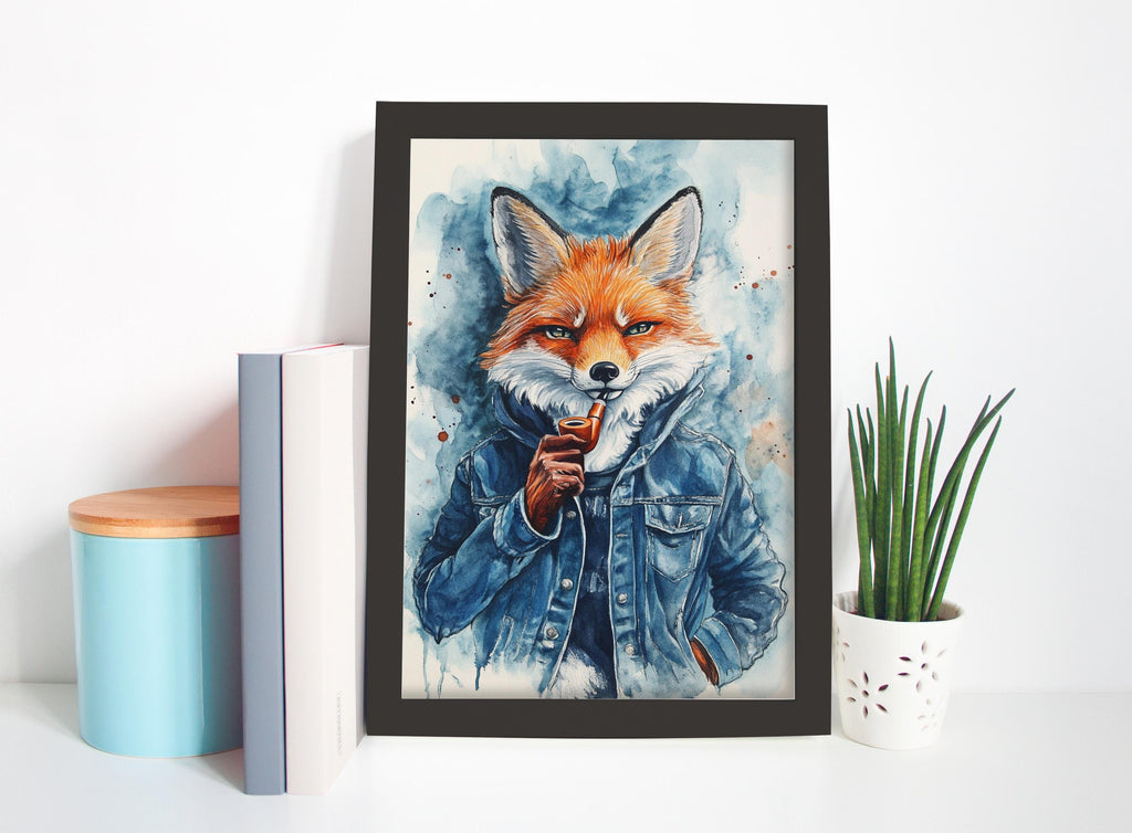 a framed painting of a fox wearing a denim jacket, with a potted plant and some books placed next to it on a shelf.