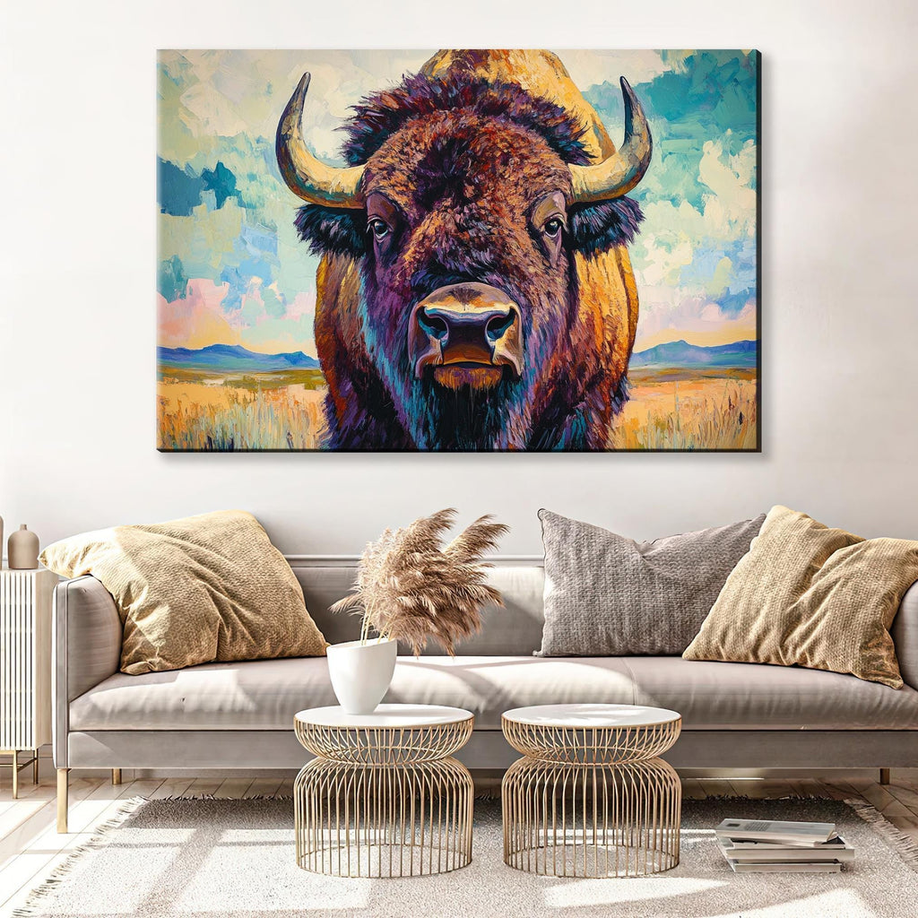 a large painting of a bison with horns hanging on a wall above a couch in a living room setting.