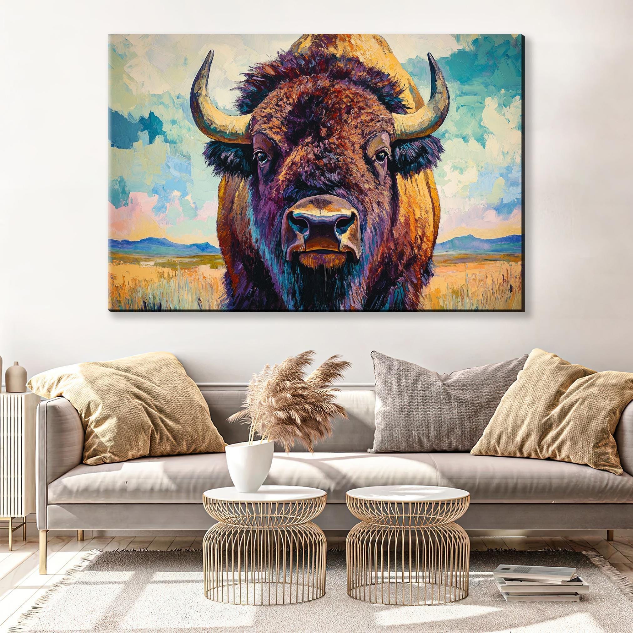 a large painting of a bison with horns hanging on a wall above a couch in a living room setting.