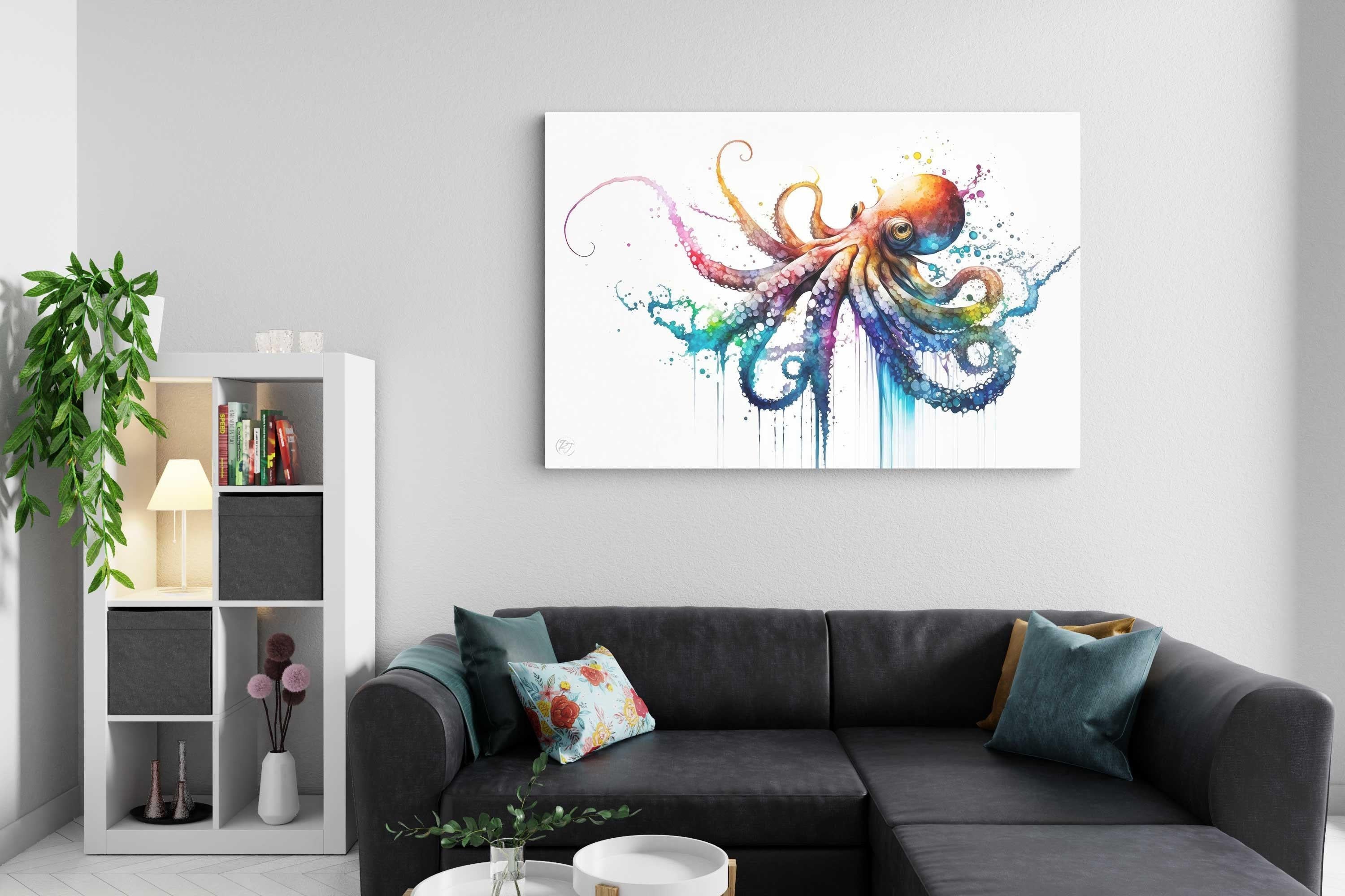 a modern living room with a large, colorful painting of an octopus as the focal point. The octopus is depicted in a watercolor style, with vibrant colors and intricate details. The room is furnished with a black sectional sofa, a coffee table, and a bookshelf. The overall aesthetic of the room is contemporary and inviting, with a focus on the artistic and colorful elements.