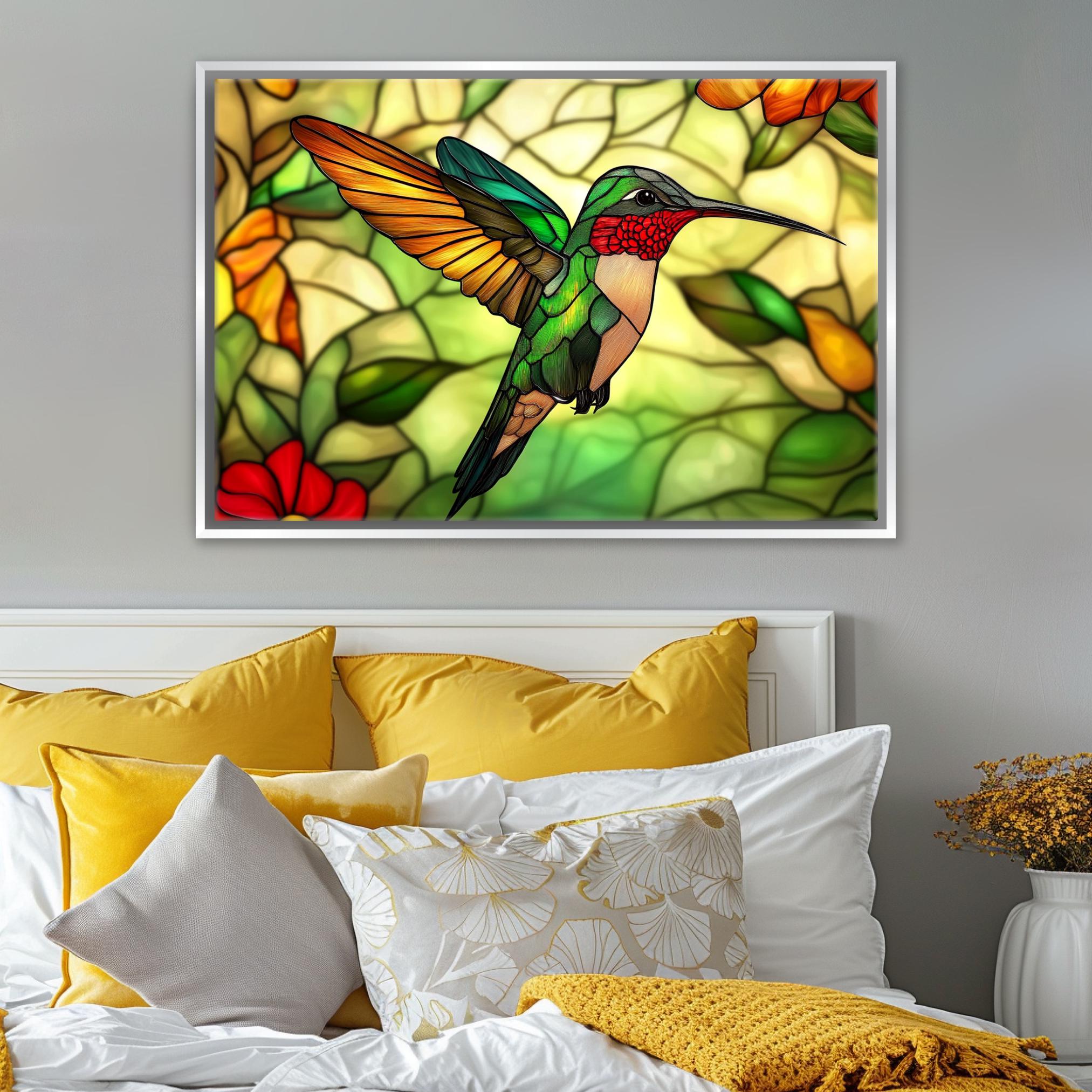 a picture of a hummingbird in a stained glass window