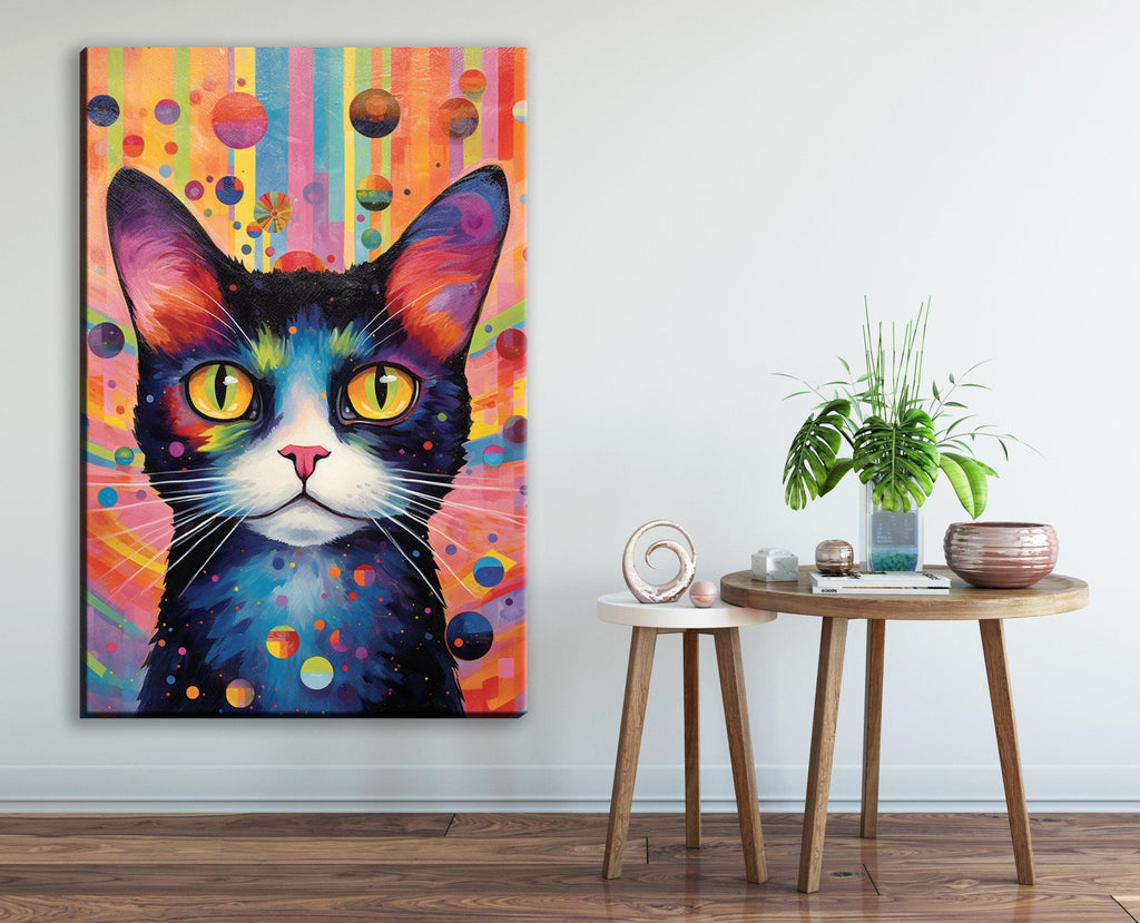 Cat Canvas Wall Art – Large Whimsical Kitten Painting | Colorful Cat Artwork