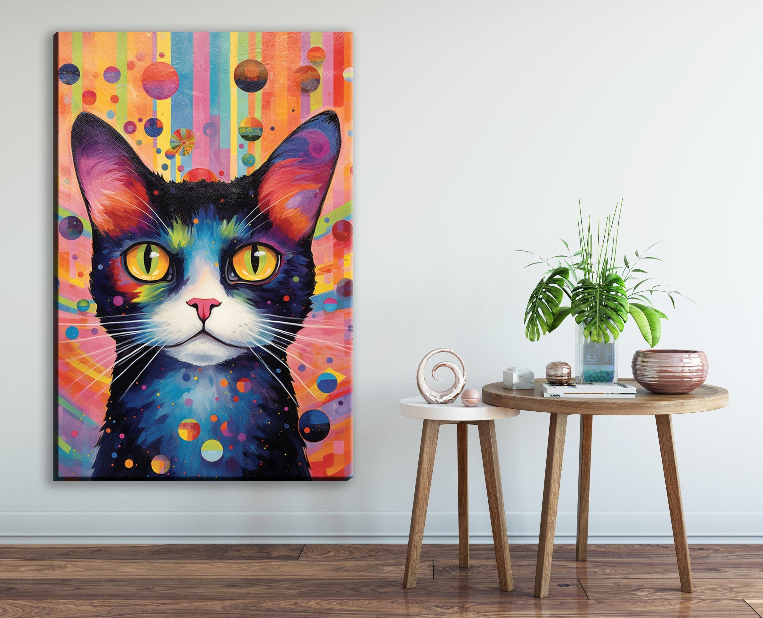 Cat Canvas Wall Art – Large Whimsical Kitten Painting | Colorful Cat Artwork