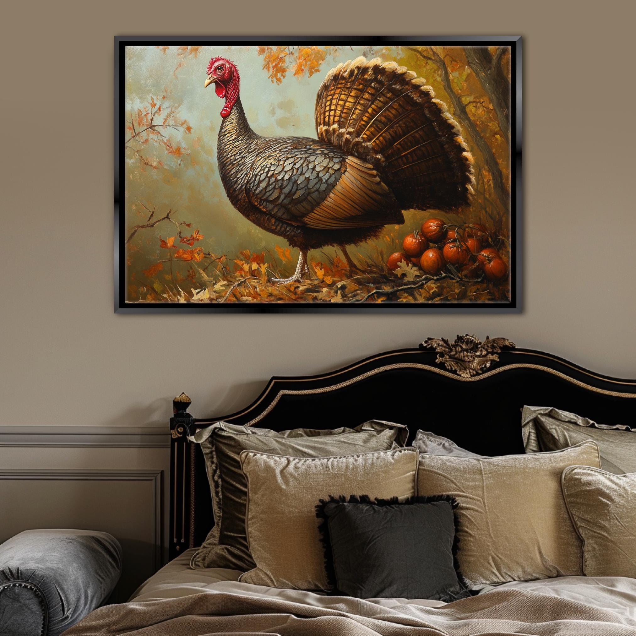 a large painting of a turkey with a red head and brown feathers, standing on a bed with autumn leaves and tomatoes in the background.