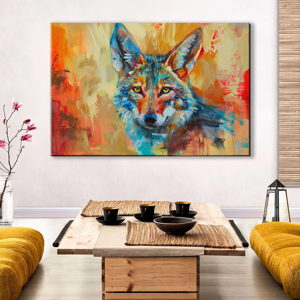Colorful Coyote Wall Art | Modern Desert Coyote on Gallery Wrapped Canvas, Bold Wall Decor